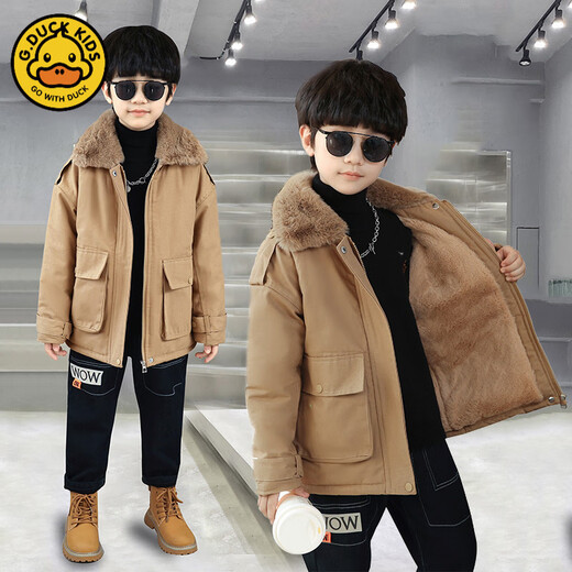 G.DUCKKIDS Children's Clothing Boys' Velvet Jackets Parkas 2025 New Thickened Spring Autumn and Winter Tops Boys' Cotton Clothes Khaki 150 cm