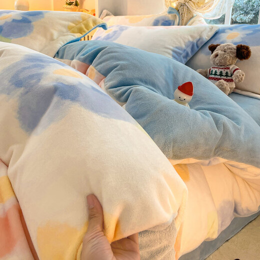 Fu丨Anna winter milk velvet quilt cover single 150x200x230cm single plus velvet quilt cover four-piece set colorful flower + baby blue 1.5m bed sheet four-piece quilt cover 180cm*220cm