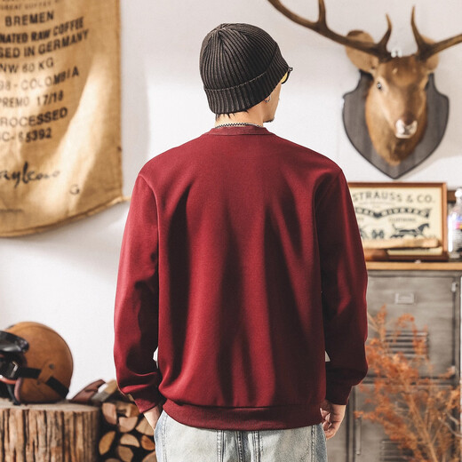 Jay Leno American retro Henry collar sweatshirt men's spring and autumn 2025 new loose casual 300g heavyweight long-sleeved polo shirt for men maroon heavy 300g M suitable for 100-120Jin Jin equals 0.5 kg