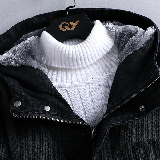 Lanpinge autumn and winter velvet thickened denim jacket boy hat detachable jacket teenagers junior high school college student clothes black velvet style 9051 XL height 165-175cm115-135Jin Jin is equal to 0.5 kg