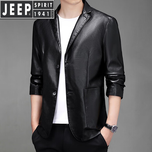 JEEP SPIRIT Jeep Haining imitation leather leather jacket men's autumn imitation sheepskin suit jacket slim casual single leather suit jacket black 2XL