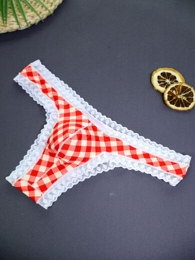 Men's Thong Low Rise Sexy Lace Half Cover Hips U Bumper Pockets Breathable and Comfortable Seamless Panties Red S