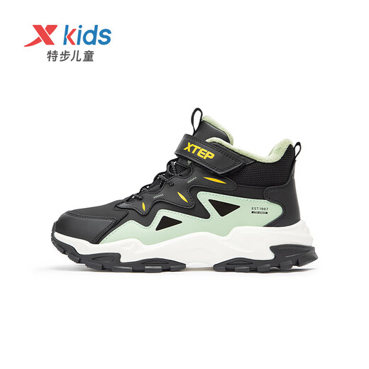 Xtep Children's Shoes Boys' Warm Anti-Slip Cotton Shoes Winter Mink Velcro Velcro Sneakers Black/Gray Grass Green 35