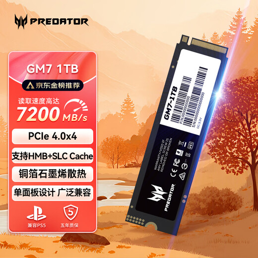 宏碁掠夺者（PREDATOR）1TB SSD固态硬盘 M.2接口(NVMe协议) GM7系列｜NVMe PCIe 4.0读速7200MB/s  AI电脑存储配件