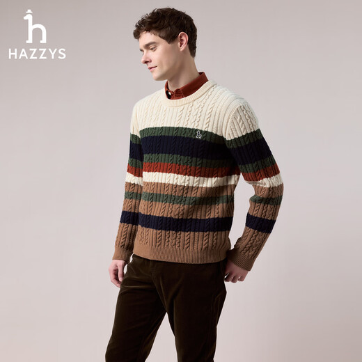 HAZZYS Men's Winter Crew Neck Sweater Knitted Contrast Striped Cable Wool Sweater Men ABYZD0CDD47 Cream CR L (175/96A 48)
