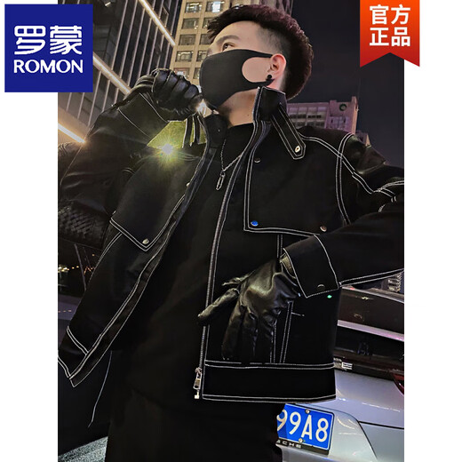 ROMON Contrast Color Leather Men's Spring and Autumn Trendy Brand Handsome Jacket 2026 New Men's Trendy Casual Jacket Black XL Recommended 135-145 Jin Jin equals 0.5 kg
