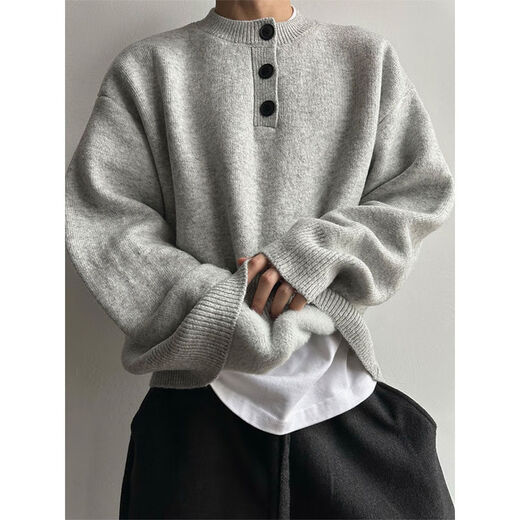 Jingyan selects light gray Henry collar plus velvet sweater for men, winter lazy style sweater, American retro wool, light gray upgraded version 90 selection M M