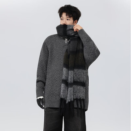 American retro twist design sweater for men and women, lazy henley collar loose pullover sweater for men and women, gray thick XL