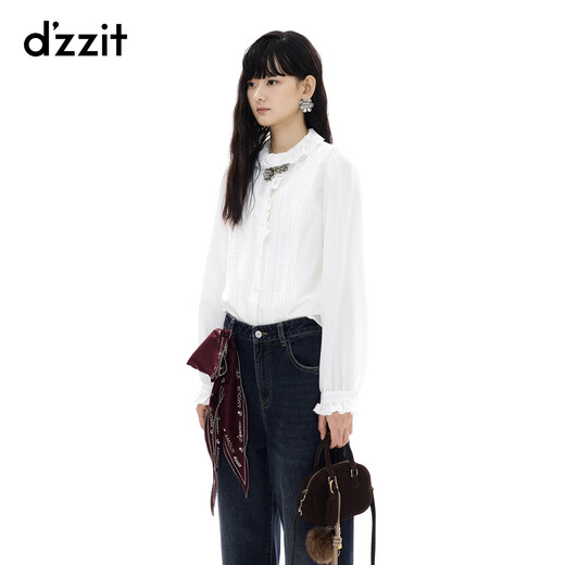 DZZIT Liu Haocun's same style ground shirt 2025 winter new girly style ruffle top for women 3J4D5501B white XS