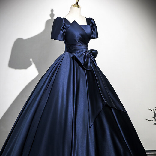 Libaixin225 New Vocal Art Test Bel Canto Satin Blue Dress Lady Host Stage Adult Ceremony Evening Dress Navy Blue 3XL Recommended 130-135 Jin Jin equals 0.5 kg