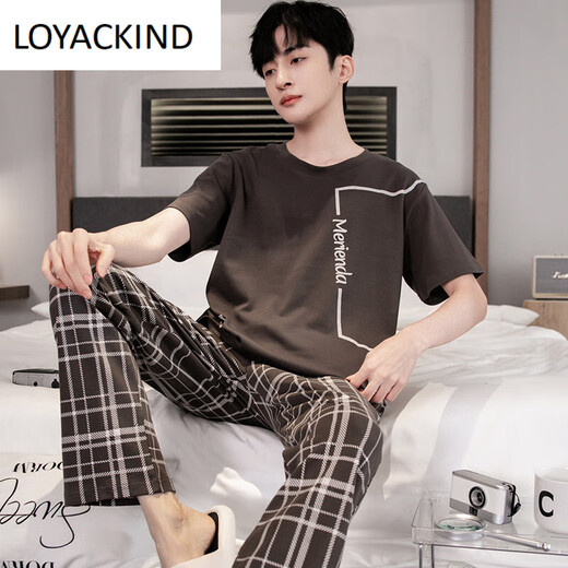 LOYACKIND男士睡衣夏季薄款短袖长裤棉春秋棉色宽松青少年家居服套装 咖啡色 9207 L 【105-130斤】100棉派邦淇