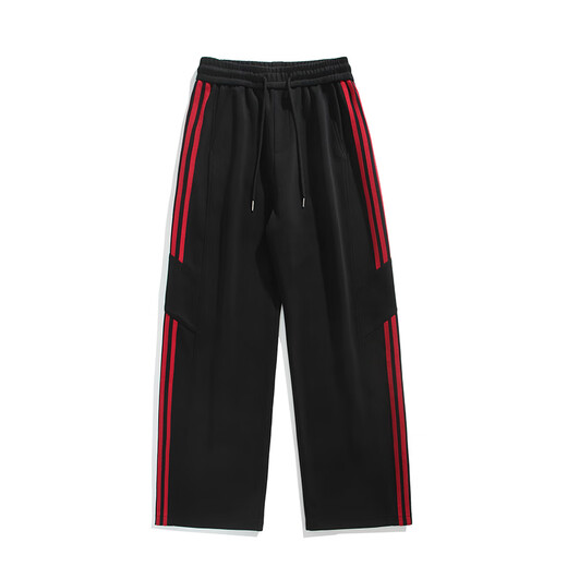 Du Xiaoxian American heavyweight three-stripe casual pants men's autumn new floor-length wide-leg pants loose straight sports pants black XL recommended 120-140Jin Jin equals 0.5 kg