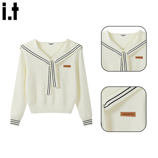 CHOCOOLATE it women's sweater women's college style navy collar streamer sweater women's autumn and winter new inner layering short top off-white M