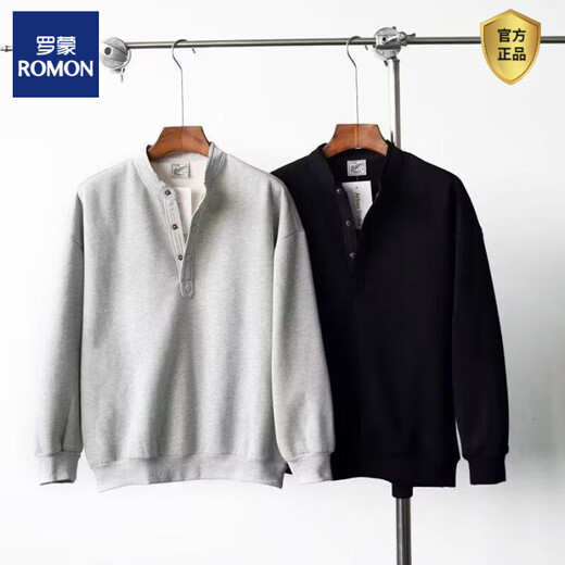 ROMON handsome trendy autumn men's henley collar long-sleeved T-shirt bottoming shirt stand-up collar solid color loose casual pullover sweatshirt gray high quality 3XL recommended 150-165Jin Jin equals 0.5 kg