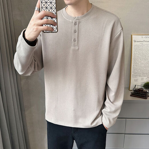 Henry collar long-sleeved T-shirt for men 2023 new spring and autumn style autumn clothes button solid color textured bottoming shirt sweatshirt for men Gray Apricot L Recommended 115-135Jin Jin is equal to 0.5 kg
