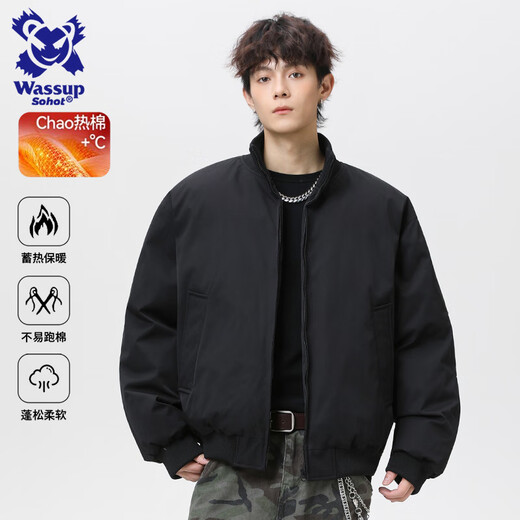 Wassup Sohot cotton jacket men's autumn and winter stand collar thickened warm flight jacket casual handsome down jacket black L