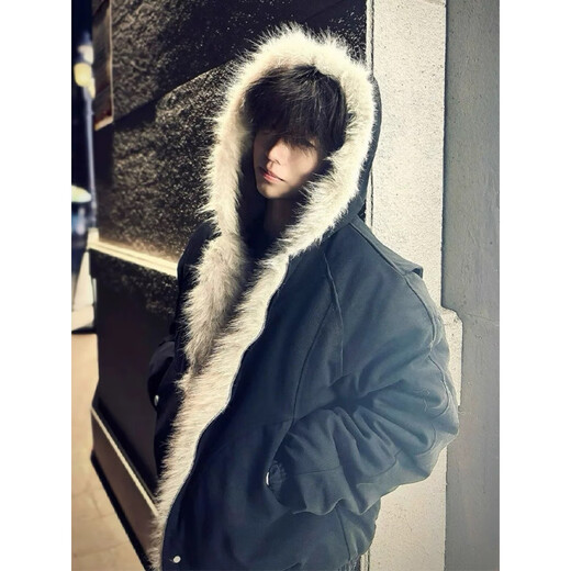 Zhiwei cleanfit mountain carving fur collar cotton jacket men's autumn and winter American hooded cotton jacket plus velvet thickened jacket black XL recommended 125-145Jin Jin equals 0.5 kg