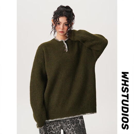 QGF design Henry collar sweater sweater for women and men in autumn and winter retro niche loose pullover sweater couple cardigan green M recommended 90-110Jin Jin equals 0.5 kg