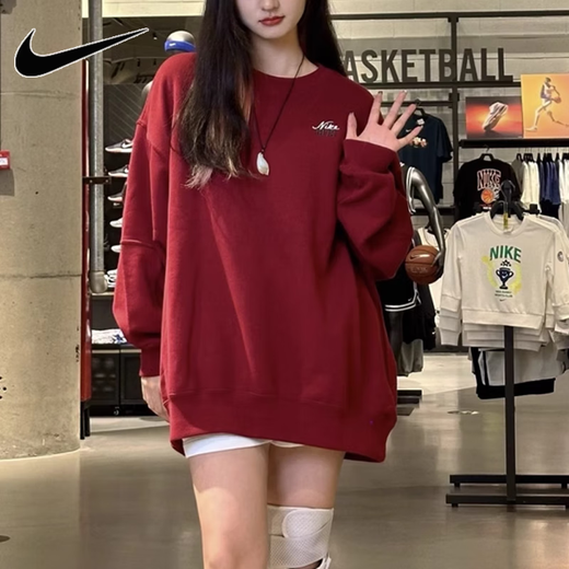 耐克卫衣女装上衣 秋季保暖运动服时尚圆领外套休闲圆领套头衫 FV8444-677/红色/内里毛圈 S