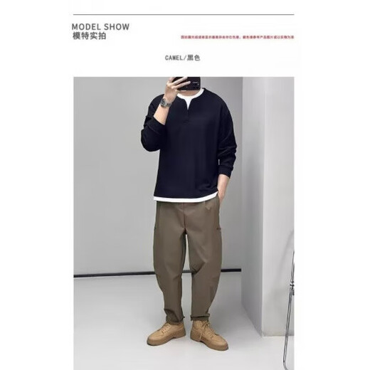 American deconstructed polo henley collar sweatshirt for men in autumn with a design sense of right shoulder loose hooded long-sleeved T-shirt base layer black M