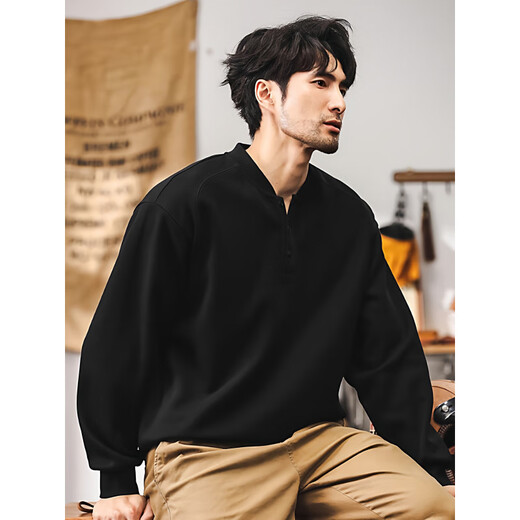 POP Warm Autumn American Retro Heavy Sweater Men's Autumn Trendy Brand Henry Collar Half Cardigan Jacket Men's Spring and Autumn Style Long Sleeve PO Black_350g Heavy M_Suitable for 100-125Jin Jin is equal to 0.5 kg