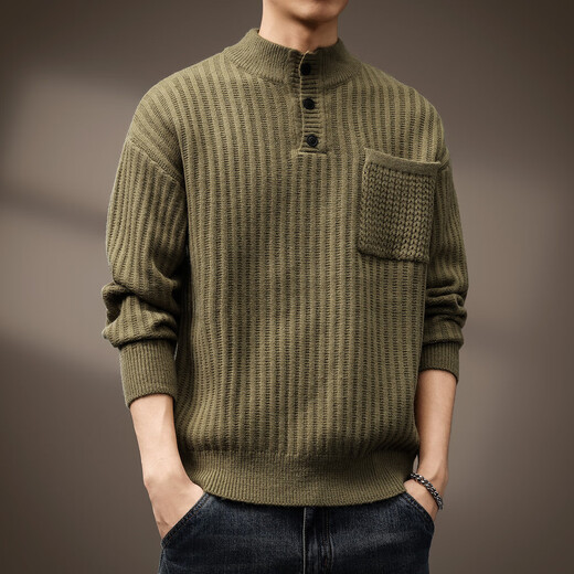 Noble color high-end 700g heavyweight thickened Henry collar sweater men's autumn new Japanese retro loose military green S suitable for 90-110Jin Jin equals 0.5 kg