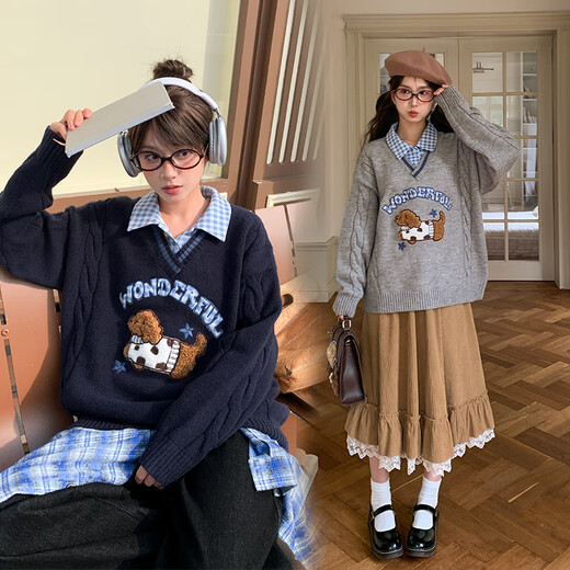 Mori Girl Tribe Mori Girl Tribe College Style Cartoon Embroidered Pullover Sweater Women's New Fake Two-piece Design Warm Sweater Winter Blue Sweater M