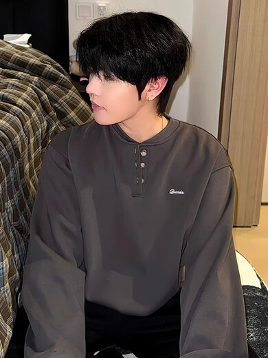 Floral Gray Henley Collar Sweatshirt Men's Autumn and Winter Velvet Thickened Undershirt American Style Hoodless Cleanfit Jacket White Floral Gray Upgraded M Collection Priority for Additional Purchases b