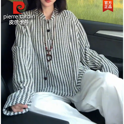 Pierre Cardin Little Fragrance Henley Collar Long Sleeve T-Shirt Men's Autumn American Heavyweight Herringbone Stripe Jacquard Knitted Polo Shirt Sweatshirt White Upgraded M