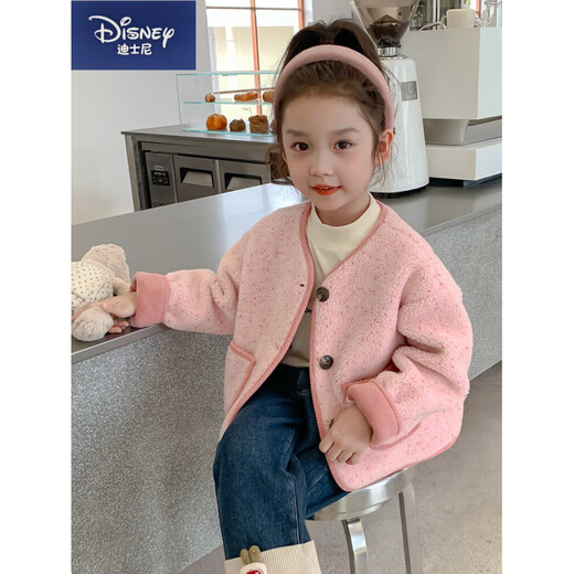 Disney Girls' Polar Fleece Jacket Spring and Autumn 2025 New Little Girl Baby Lamb Wool Cardigan Top Children's Autumn Clothing Pink Dot Lamb Wool Material Plus Velvet Thick Style 90 cm