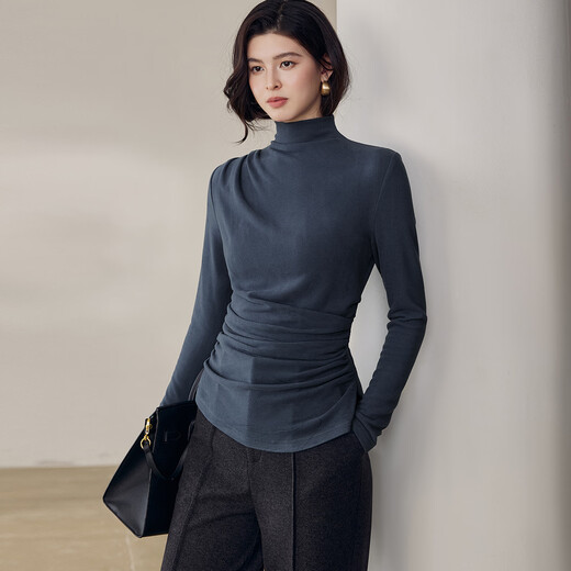 ROEYSHOUSE Luo Yi high-end pleated half turtleneck bottoming sweater for women in winter slimming inner sweater 13113 blue 2XL