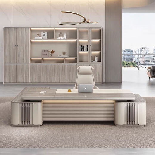 Light luxury boss desk and chair combination, simple and modern chairman's office, single-person and elegant desk manager desk furniture, light luxury color matching with aluminum alloy paint strips, 1.8-meter luxury single cabinet