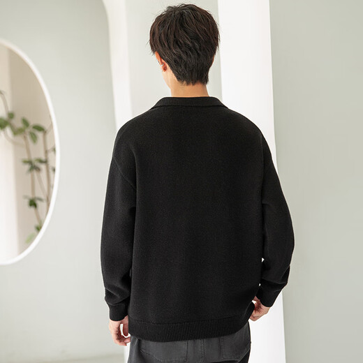 Falling lazy and relaxed henley collar men's wool sweater spring and autumn versatile pullover sweater jacket black L
