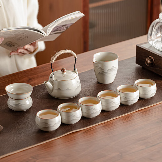 Porcelain Friends Mingshui Mo Guanshan Ru Kiln Tea Set Complete Kung Fu Tea Set Business Holiday Souvenir Gift for Elders Housewarming Gift