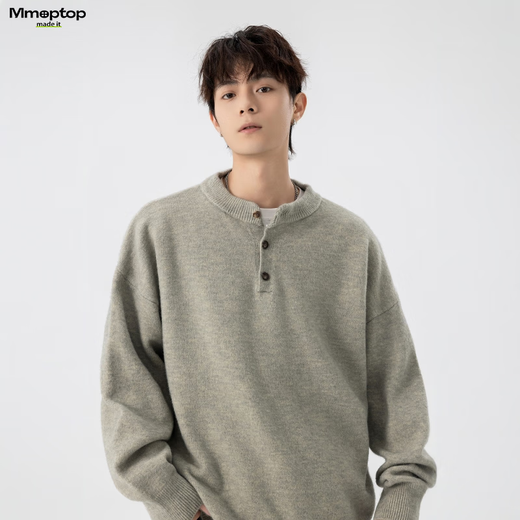 MMOPTOP Retro Henry Collar Sweater Men's Autumn and Winter Warm Loose Casual All-match Knitted Sweater MY109 Light Gray XL