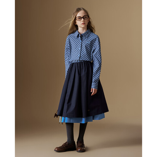 ELLE KIDS casual style girls spring and autumn classic versatile miu style college style pattern long-sleeved embroidered plaid shirt