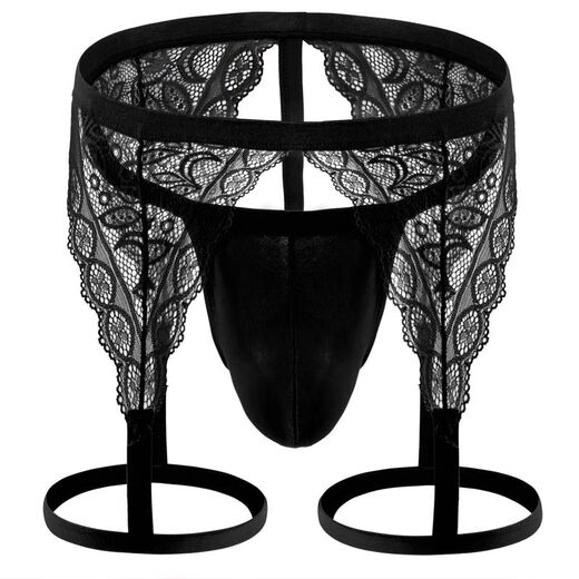 Men's high elastic thin strap hollow lace thong low waist sexy U convex bag sexy and stylish back leg leggings T pants black M