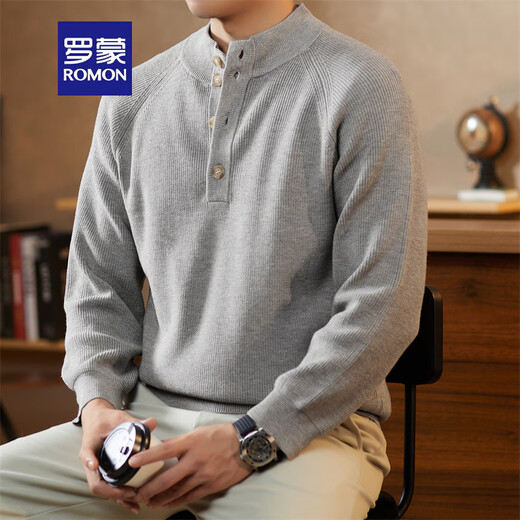 ROMON Japanese retro solid color Henry collar pullover sweater jacket for men autumn and winter new bottoming with casual sweater Gray S 165/80A