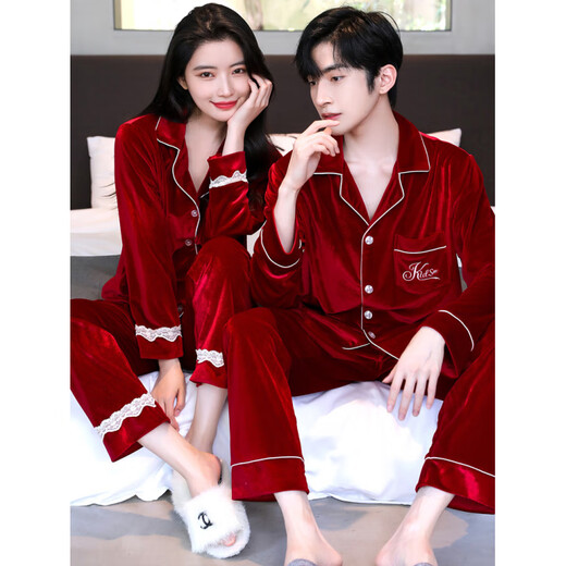 Victoria's Secret Autumn and Winter Gold Velvet Couple Pajamas for Women Red Wedding Bride Spring and Autumn Men's Long-Sleeved Home Clothes 713 Blue Gray Couple Suit (Gold Velvet) XL Women Get Men's XL