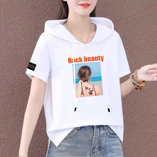喻小熊有戴带帽孑的棉半袖女帽衫短袖t恤连帽女装新款夏季宽松半截袖 红色-687袖子标 2XL