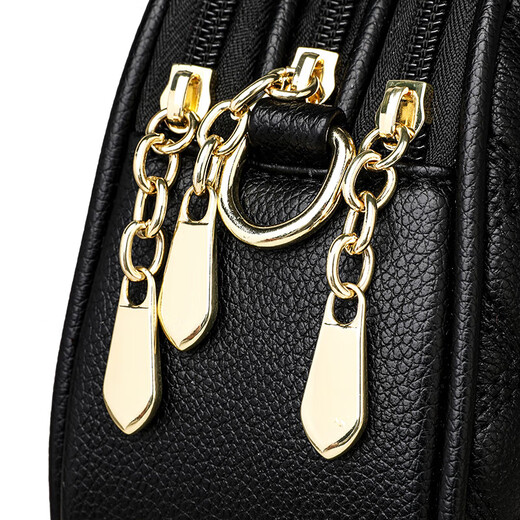 Soft leather three-layer middle-aged mother embroidery small round bag for women 2025 new fashion versatile diamond shoulder crossbody bag black