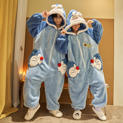 Skingcond autumn and winter coral velvet couple pajamas women's one-piece plus velvet thickened warm cartoon cute hooded home clothes can be worn outside Yellow Little Dinosaur L Women's 110-130Jin Jin equals 0.5 kg