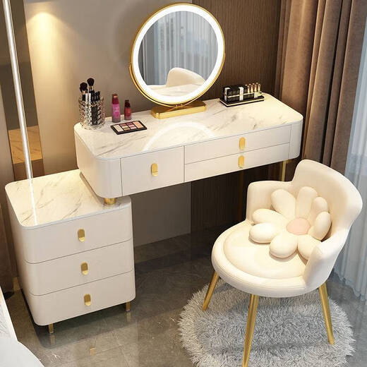 Small apartment solid wood dressing table bedroom modern simple high-end solid wood slate dressing table storage cabinet integrated CHH solid wood frame black handle (7MM slate) white 115.5 three-drawer table + smart mirror + cabinet + bird's nest stool