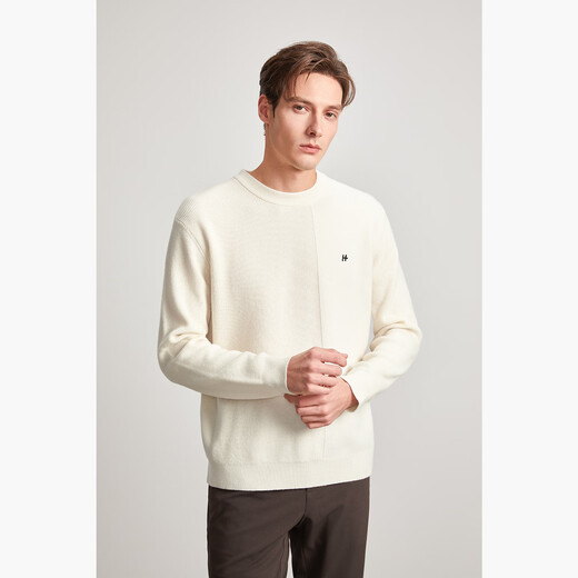 HECHTER 100% wool men's round neck wool sweater solid color skin-friendly, comfortable, warm and versatile sweater for men off-white - hot selling color M