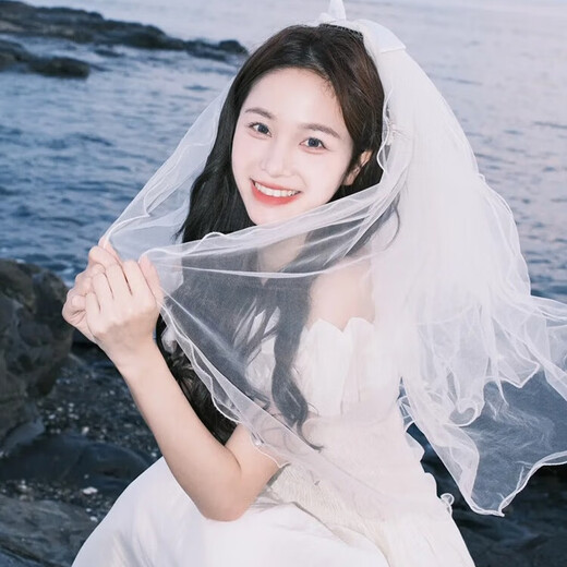 Lanshu (LANSHU) white bridal veil certificate registration headdress proposal fluffy yarn bow hair accessories wedding photo props headdress four-layer pearl bow clip style 60-80cm