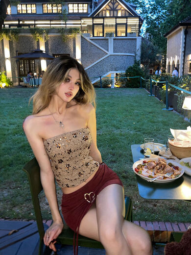 PrettyDragon glitter sequins embroidered flowers small fragrant style tube top short slim fit inner sleeveless top for women glitter khaki ready stock S S