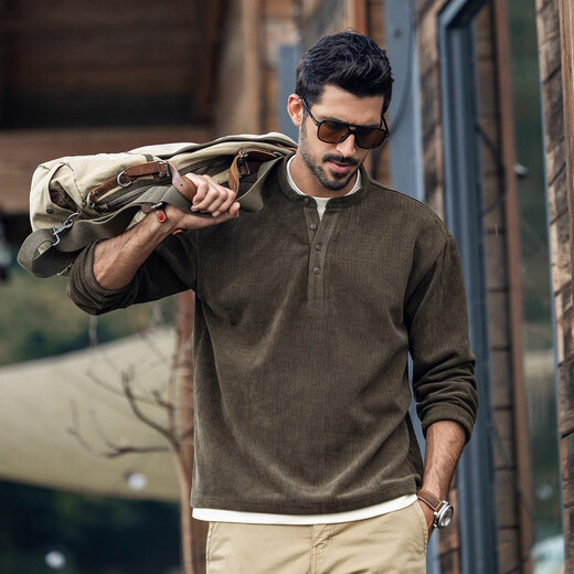 Jay Leno American retro heavyweight sweatshirt men's autumn and winter thickened fake two-piece European velvet men's t-shirt loose henley shirt men's khaki green 400g heavy M suitable for 100-120Jin Jin equals 0.5 kg