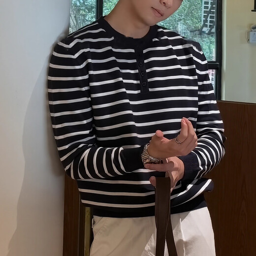Kuraishi Kazuki trendy brand retro striped Henry collar sweater for men, versatile 2025 autumn and winter new casual high-end men's top, navy blue M