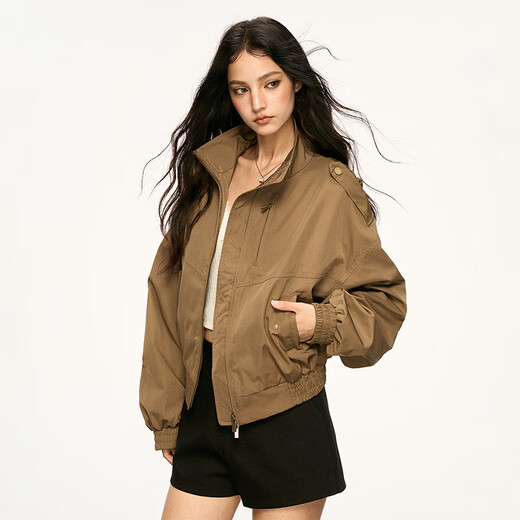 AAISUP American khaki workwear lapel jacket for women 2025 autumn high-end casual versatile stand-up collar cardigan jacket khaki S
