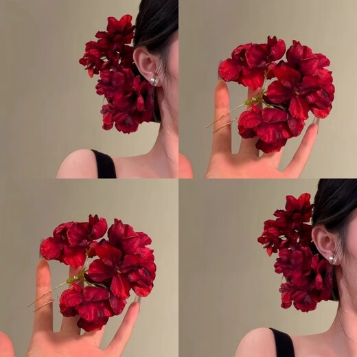 QBILY Simulated flower hairpins 3-pack Bridal engagement retro red flower new Chinese dress accessories Rose purple simulated flower hairpins 3-pack